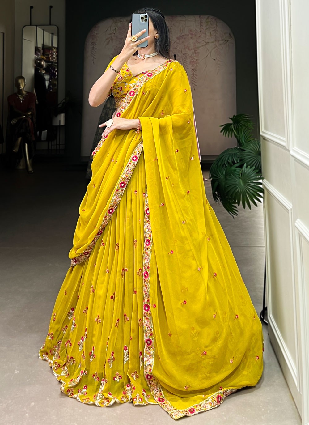 Embroidered Georgette Mustard Lehenga Choli L3499
