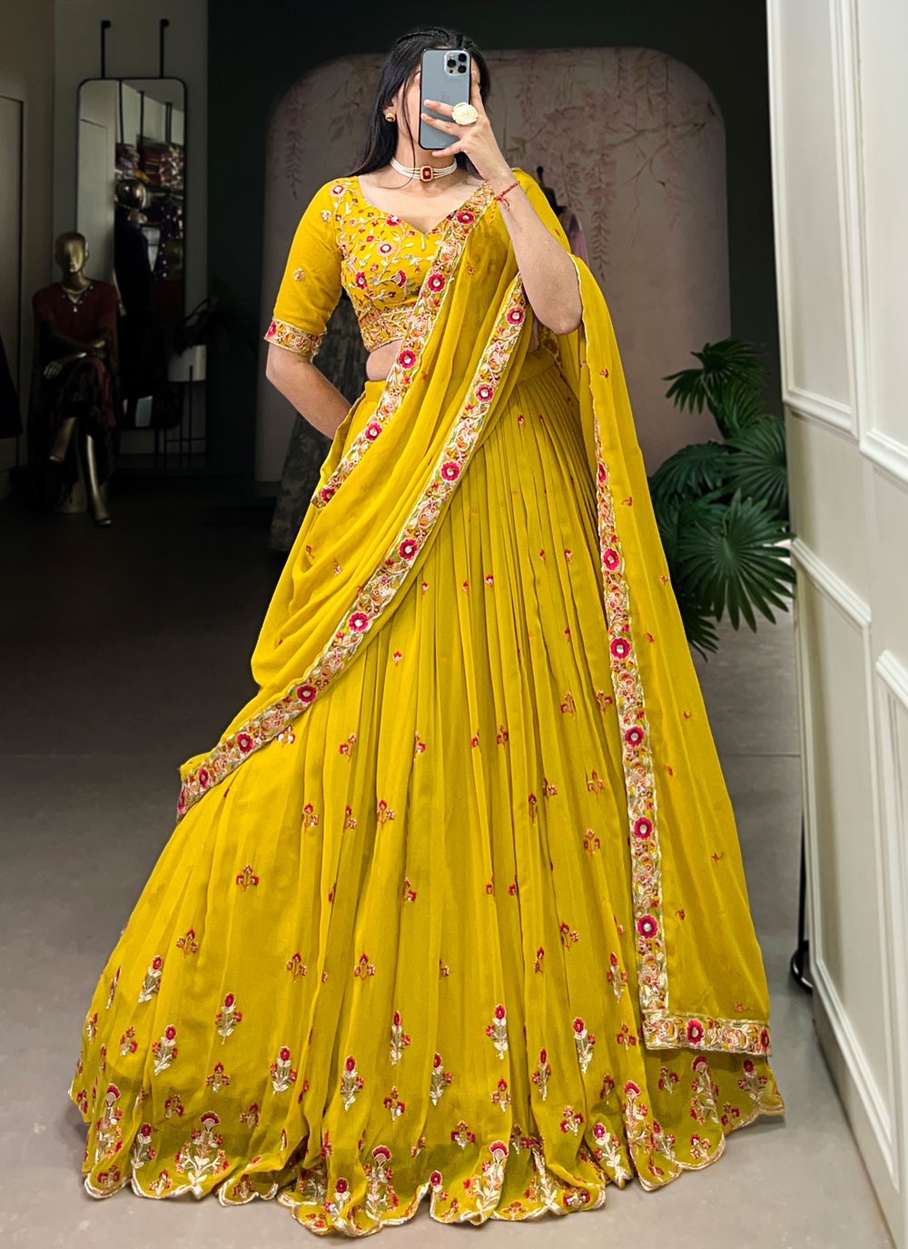 Embroidered Georgette Mustard Lehenga Choli L3499