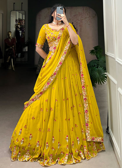Embroidered Georgette Mustard Lehenga Choli L3499