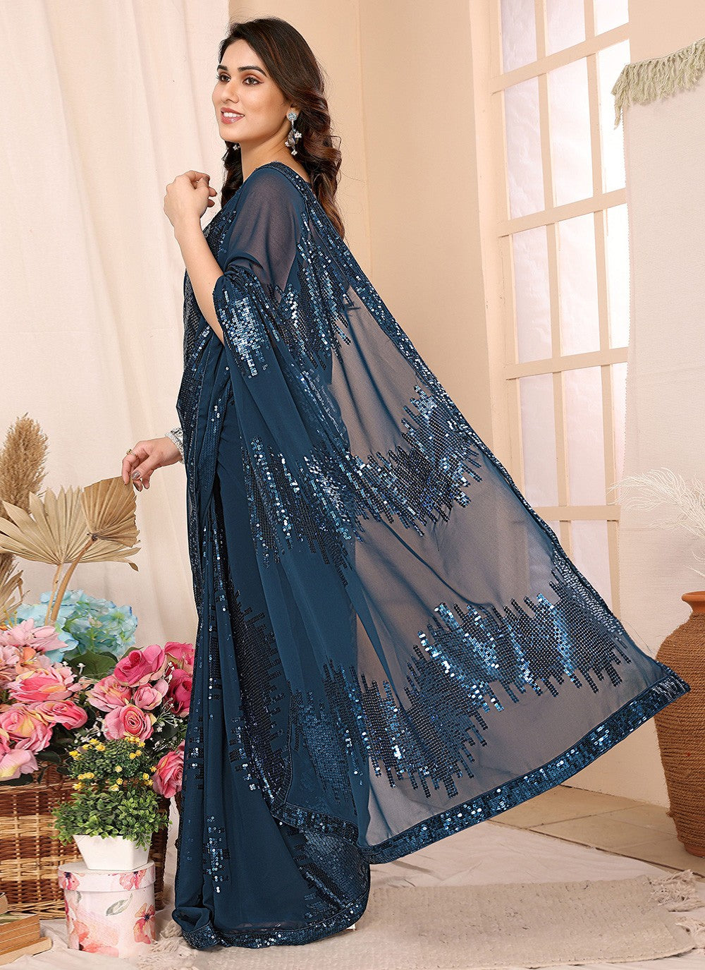 Morpeach Georgette Designer Saree Sequins, Thread S16089