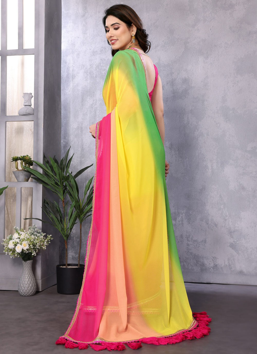 Contemporary Border Work Multi Colour Georgette Saree S12468