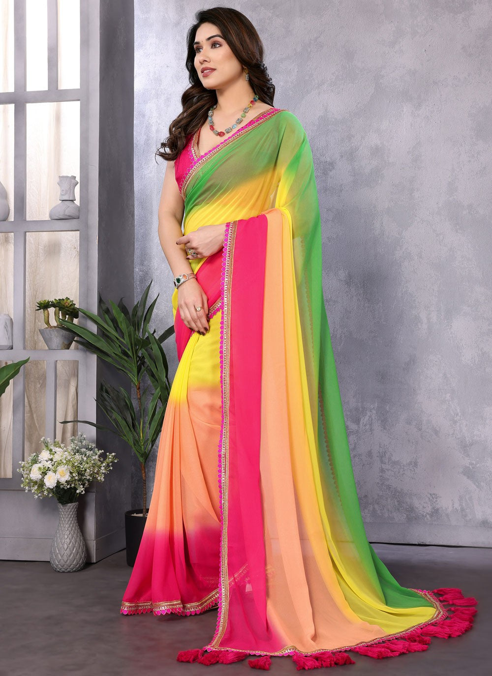 Contemporary Border Work Multi Colour Georgette Saree S12468