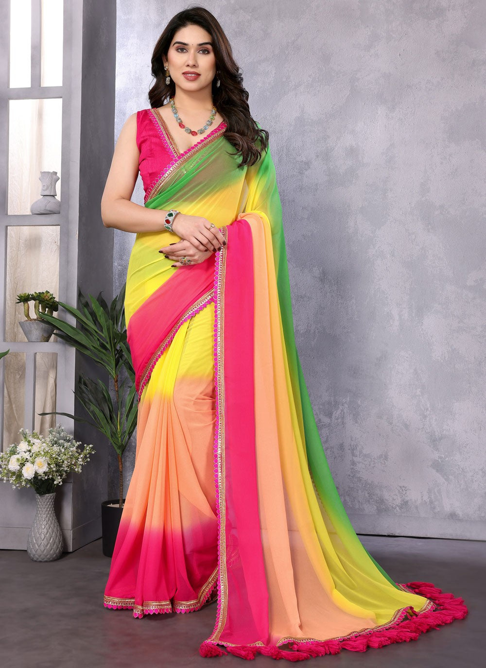 Contemporary Border Work Multi Colour Georgette Saree S12468