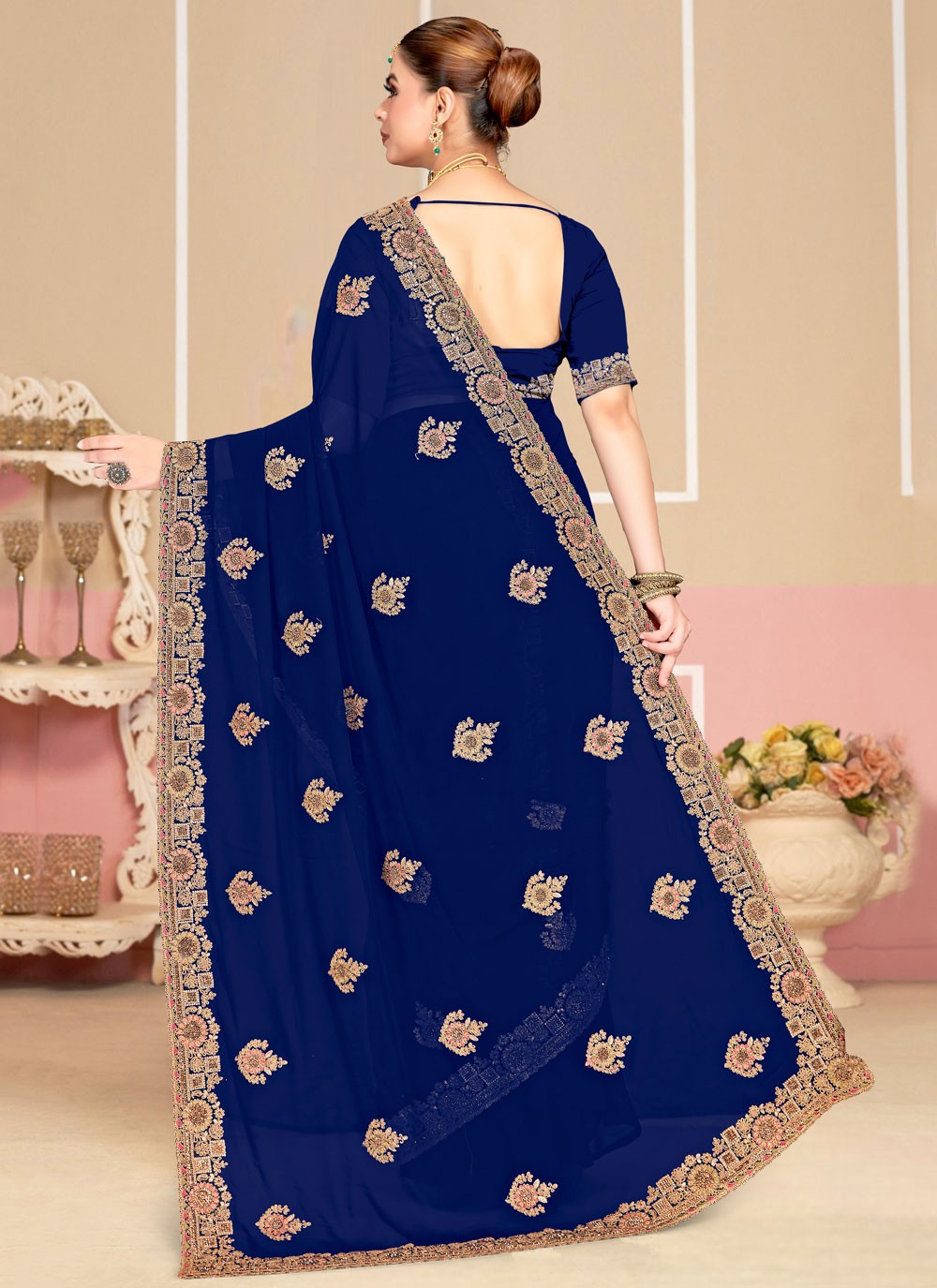 Navy Blue Georgette Contemporary Saree Cord, Embroidered S19979