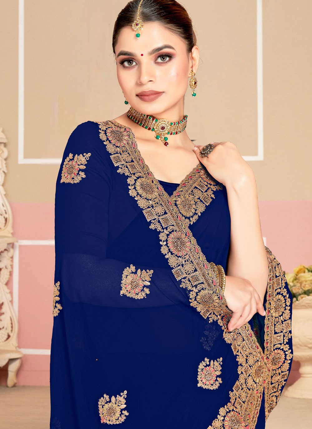 Navy Blue Georgette Contemporary Saree Cord, Embroidered S19979