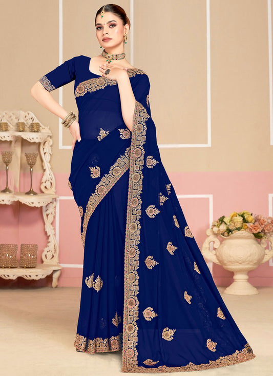 Navy Blue Georgette Contemporary Saree Cord, Embroidered S19979