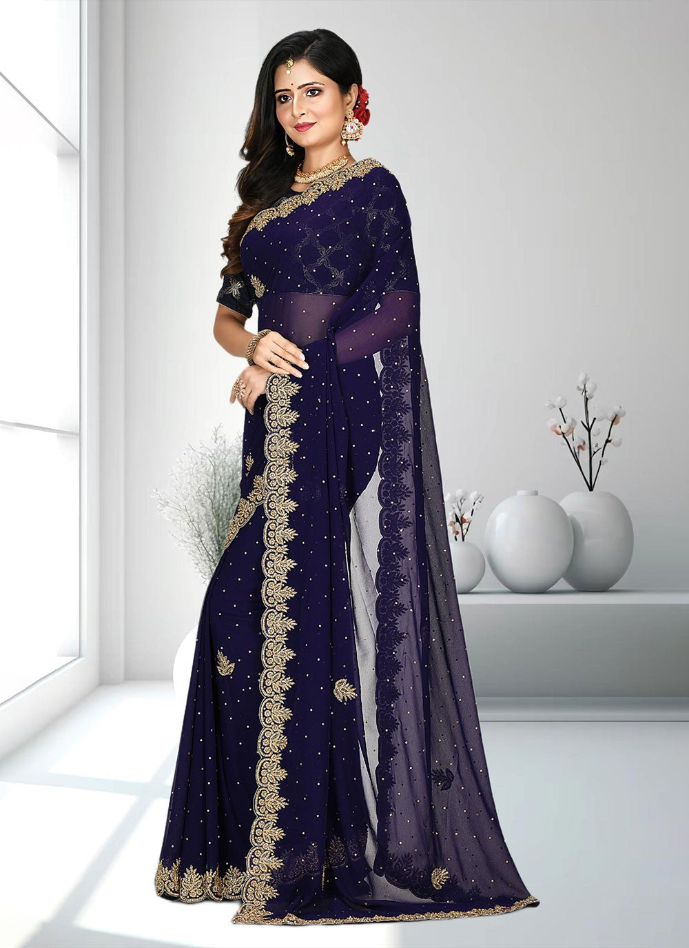Classic Hand Embroidery Brasso Saree - S4738