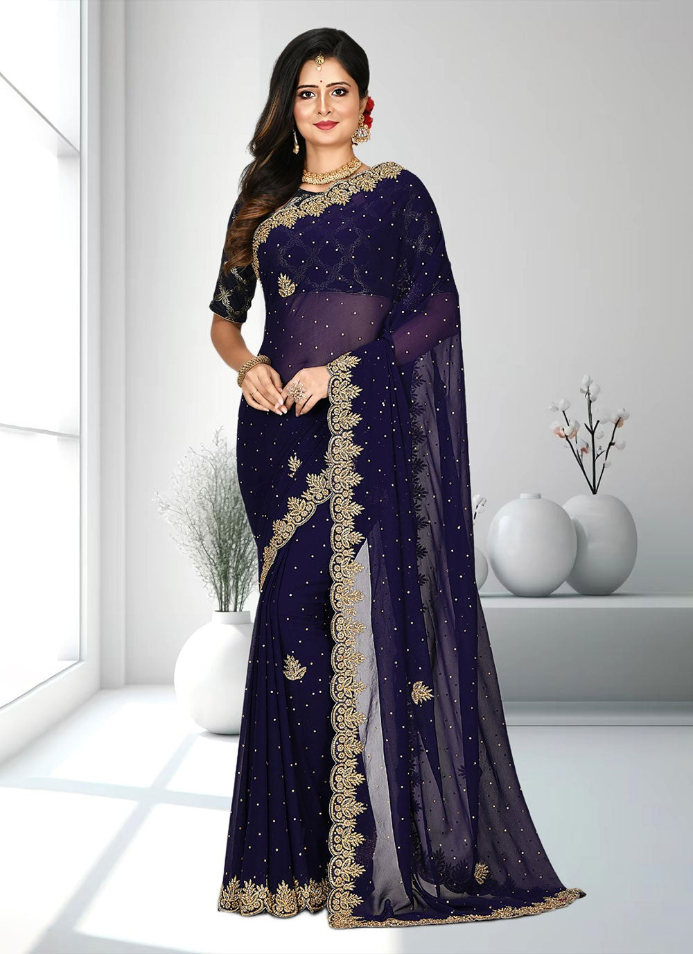 Classic Hand Embroidery Brasso Saree - S4738