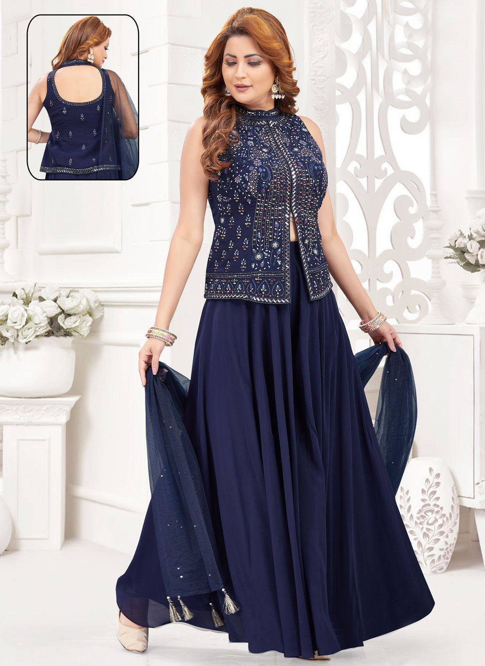 Palazzo Suit Beads Navy Blue Georgette T5727