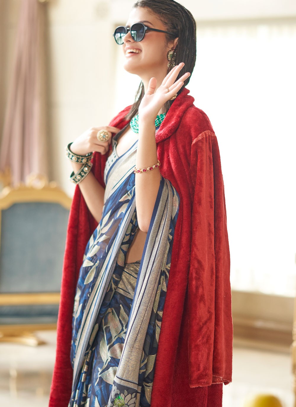 Navy Blue Georgette Trendy Saree Fancy Work S20289