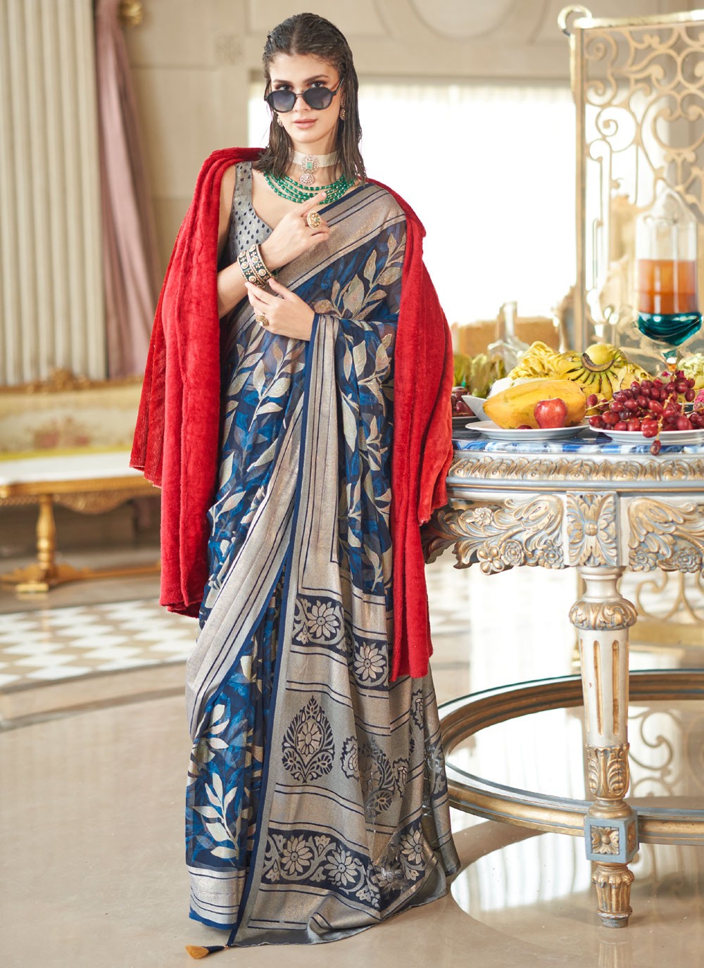 Navy Blue Georgette Trendy Saree Fancy Work S20289