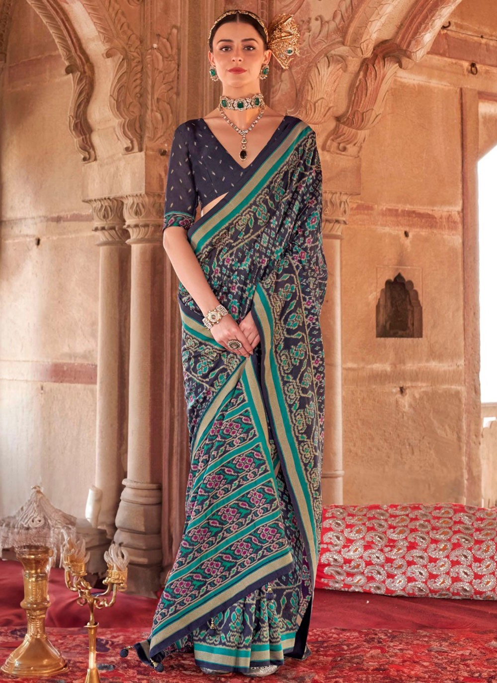 Contemporary Paisley Printed Navy Blue Georgette Saree S13203