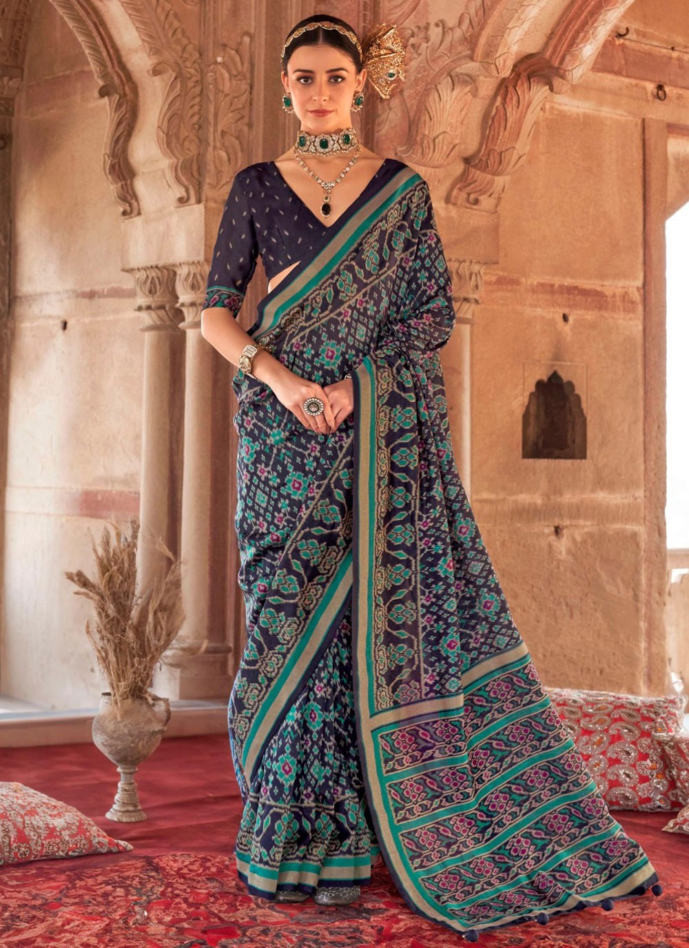 Contemporary Paisley Printed Navy Blue Georgette Saree S13203