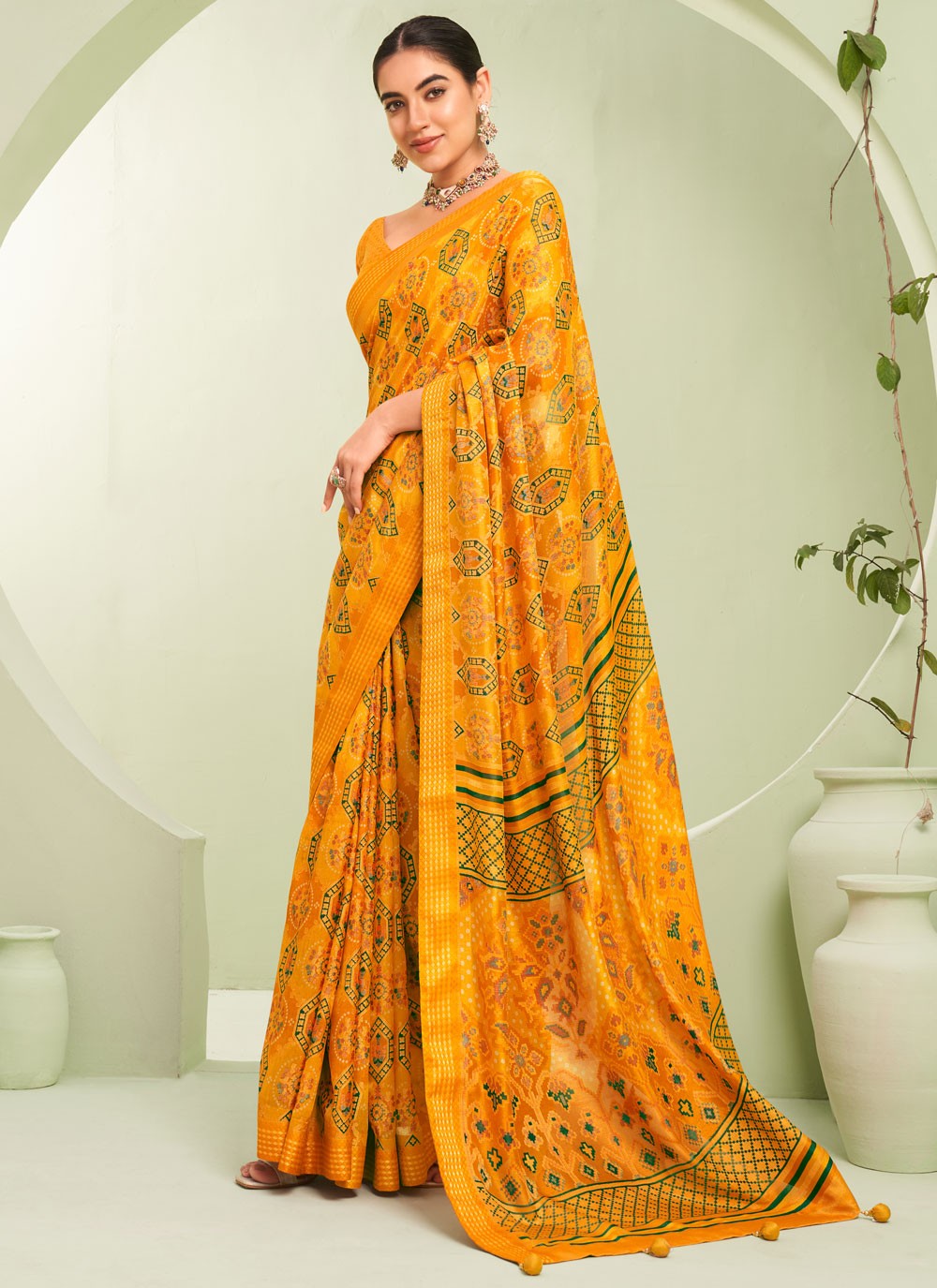 Contemporary Paisley Printed Yellow Georgette Saree S12791