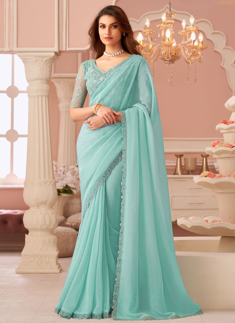 Contemporary Border Work Aqua Blue Georgette Saree S13648