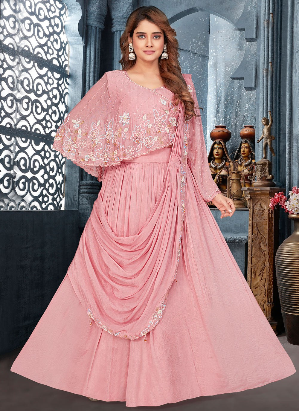 Digital Print Georgette Peach Lehenga Choli L3490