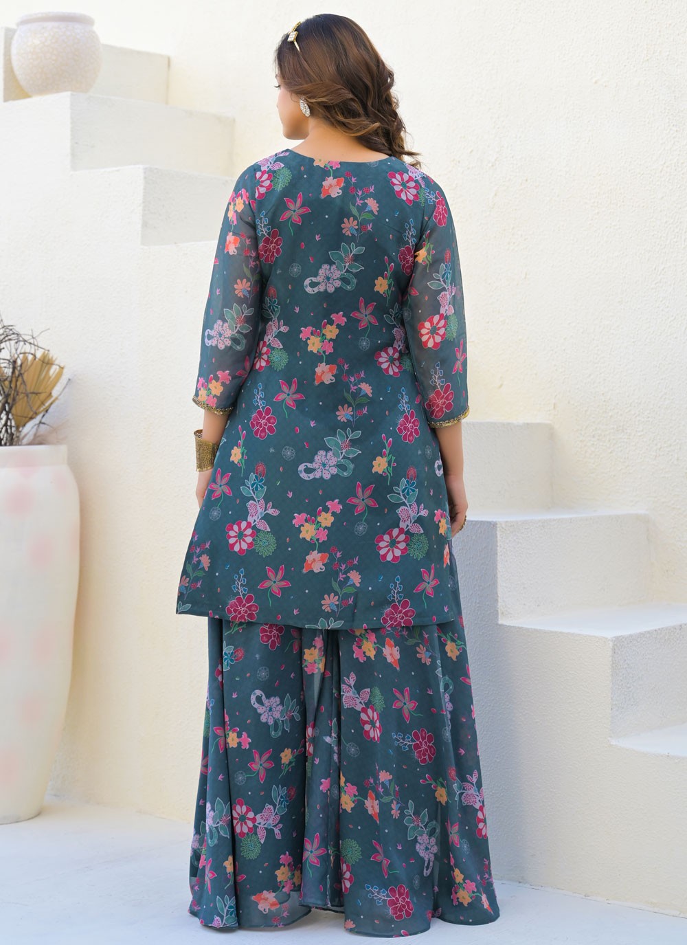 Sharara Suit Digital Print, Sequins, Zari Morpeach T7135