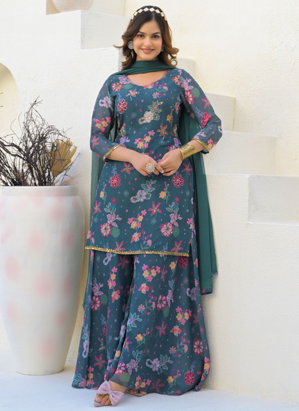 Sharara Suit Digital Print, Sequins, Zari Morpeach T7135