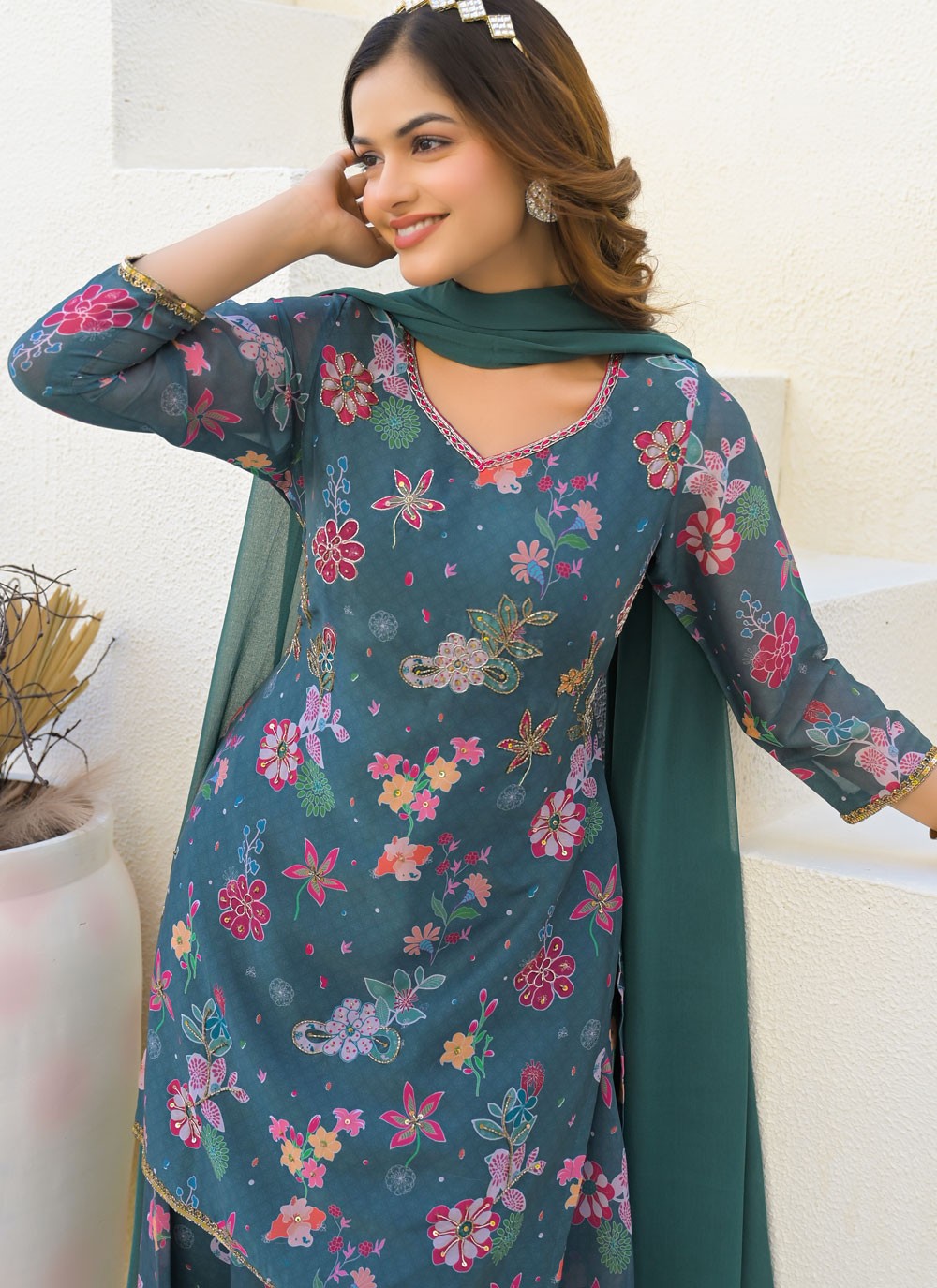 Sharara Suit Digital Print, Sequins, Zari Morpeach T7135