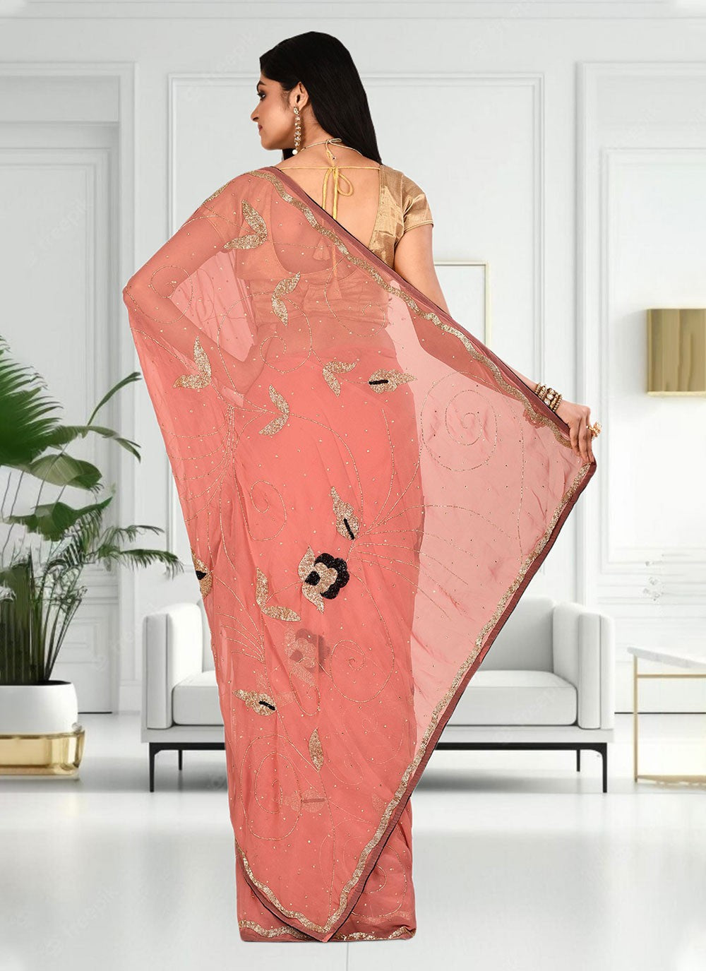 Classic Hand Embroidery Brasso Saree - S4738