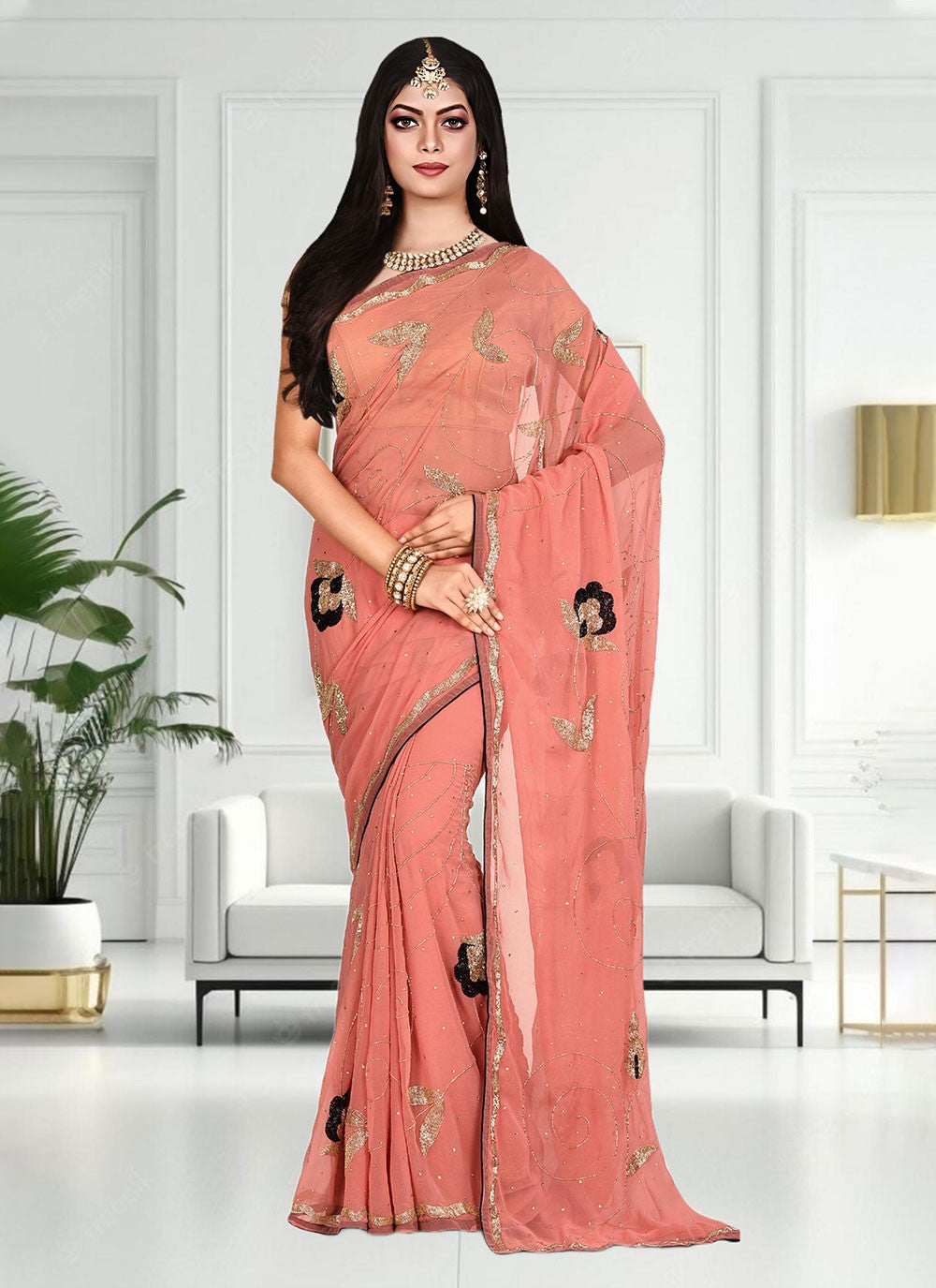 Classic Hand Embroidery Brasso Saree - S4738