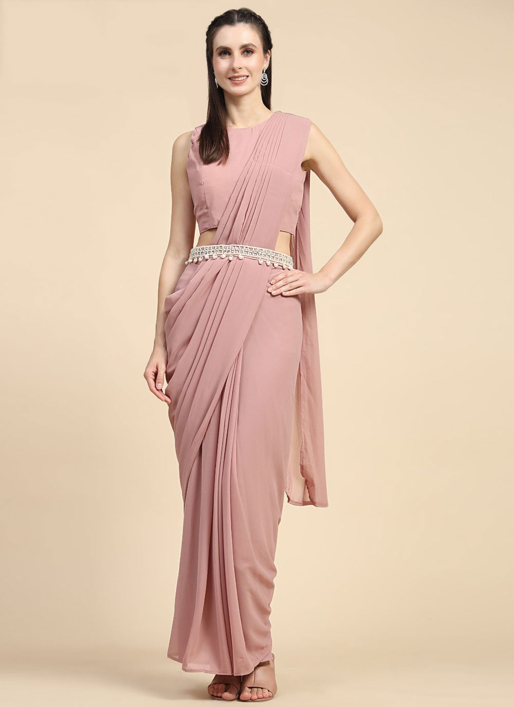 Contemporary Plain Peach, Pink Georgette S12595