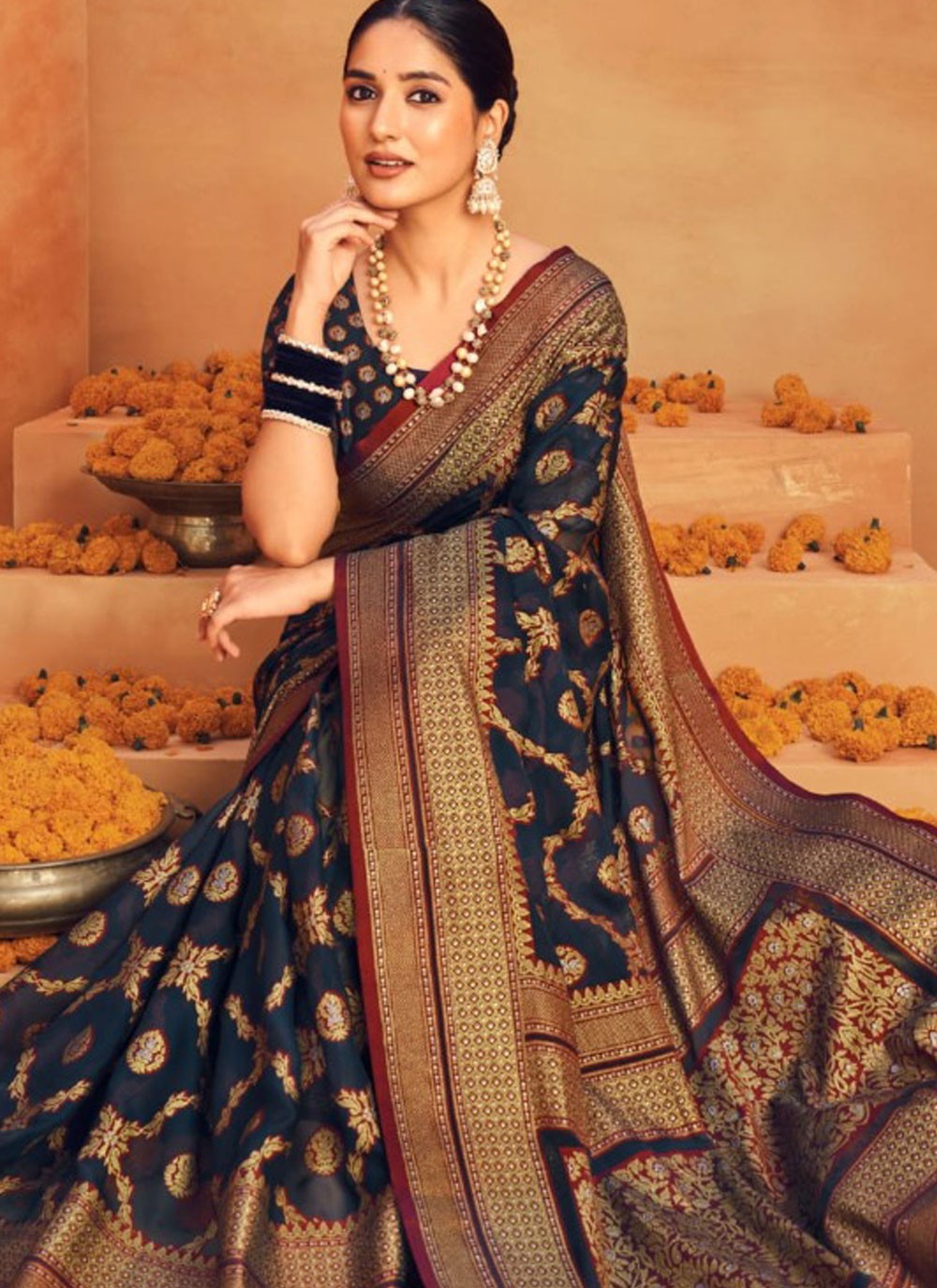 Classic Saree Printed Navy Blue Georgette Saree S13421