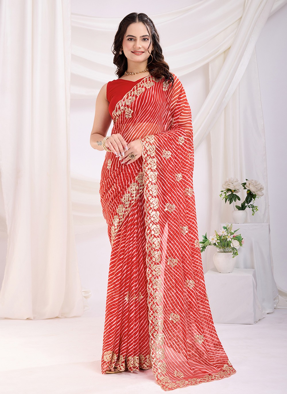 Embroidered Georgette Red Saree S14020