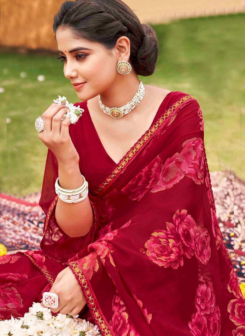 Trendy Saree Printed Hot Pink, Red Georgette Saree S12454