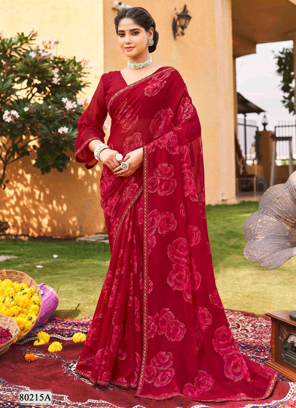 Trendy Saree Printed Hot Pink, Red Georgette Saree S12454