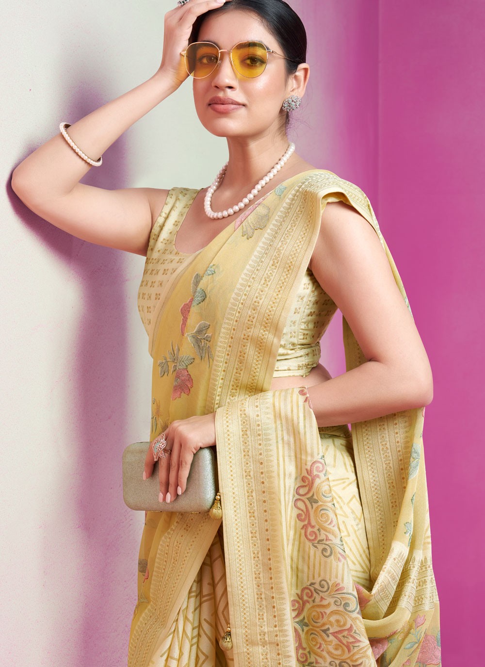 Contemporary Printed Yellow Georgette Saree S13362