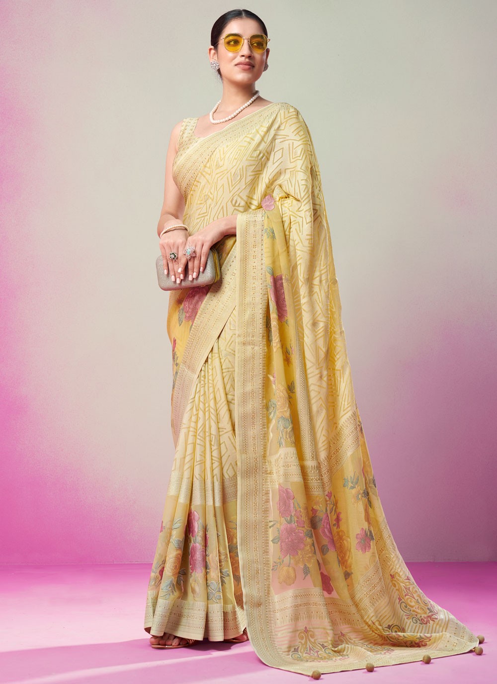 Contemporary Printed Yellow Georgette Saree S13362