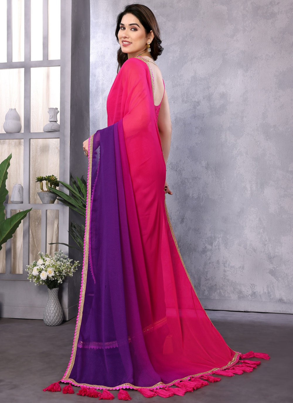Designer Border Work Purple, Red Georgette Saree S12469