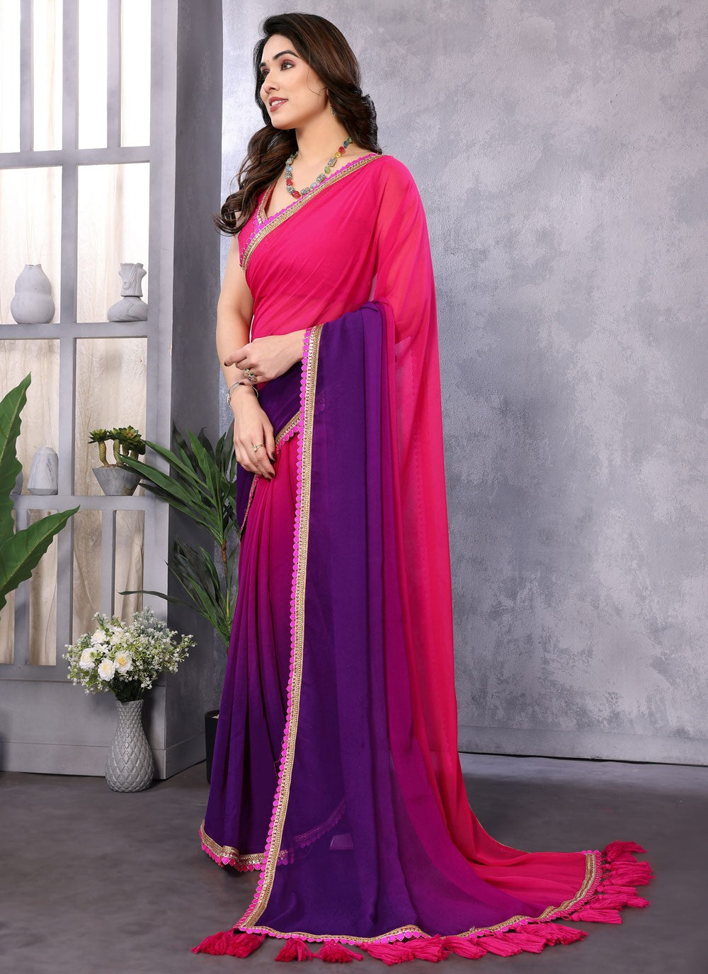 Designer Border Work Purple, Red Georgette S12469