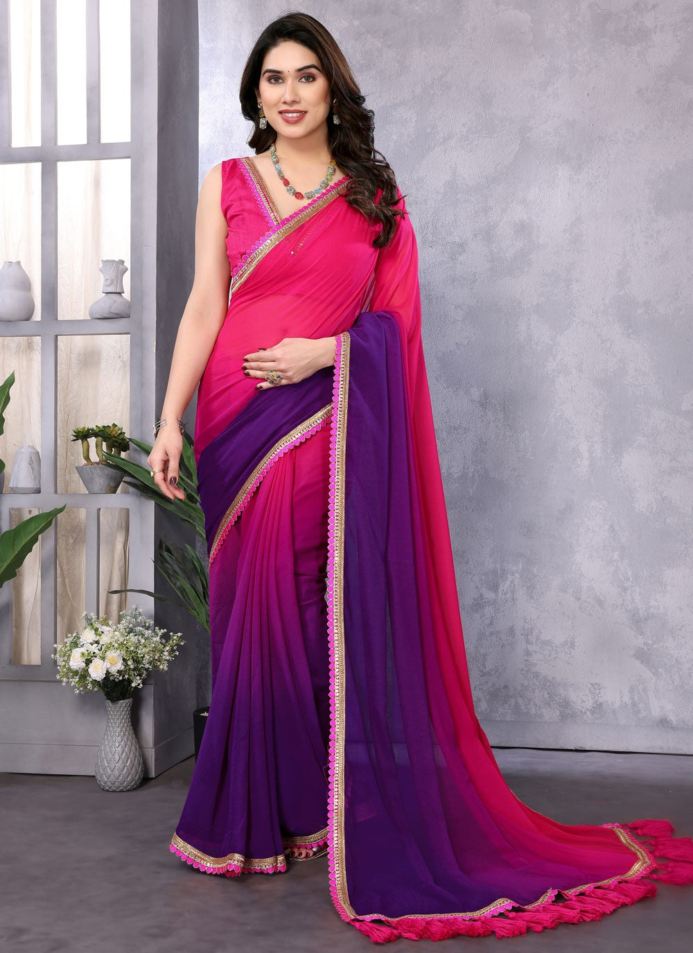 Designer Border Work Purple, Red Georgette Saree S12469