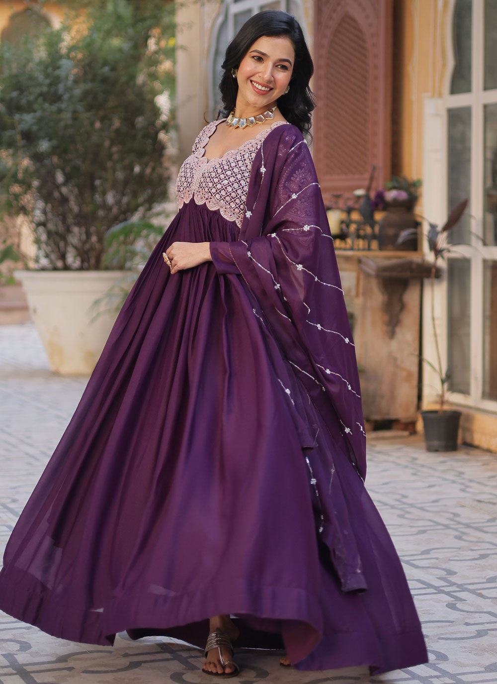 Beads Georgette Purple Gown G1969