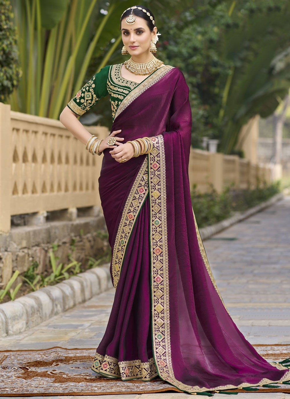 Border Work Georgette Purple Trendy Saree S15357
