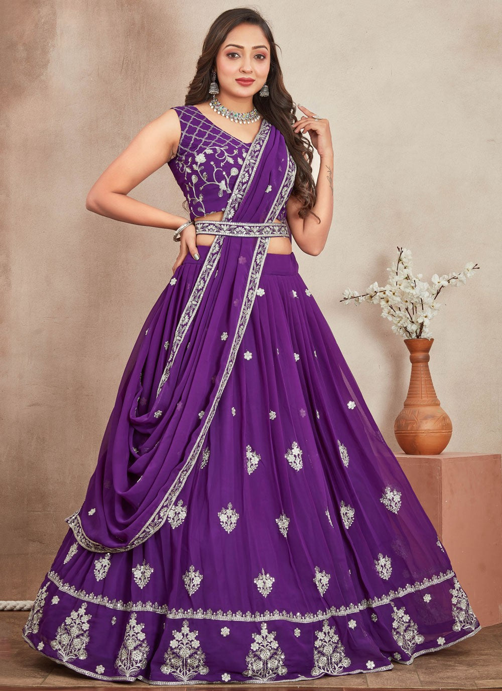 Embroidered Georgette Purple Lehenga - L3285