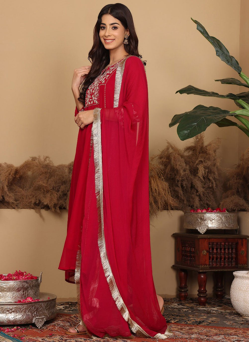 Salwar Suit Embroidered Hot Pink, Red Georgette T5647