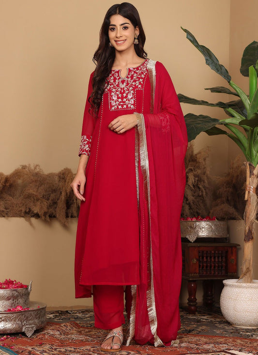 Salwar Suit Embroidered Hot Pink, Red Georgette T5647