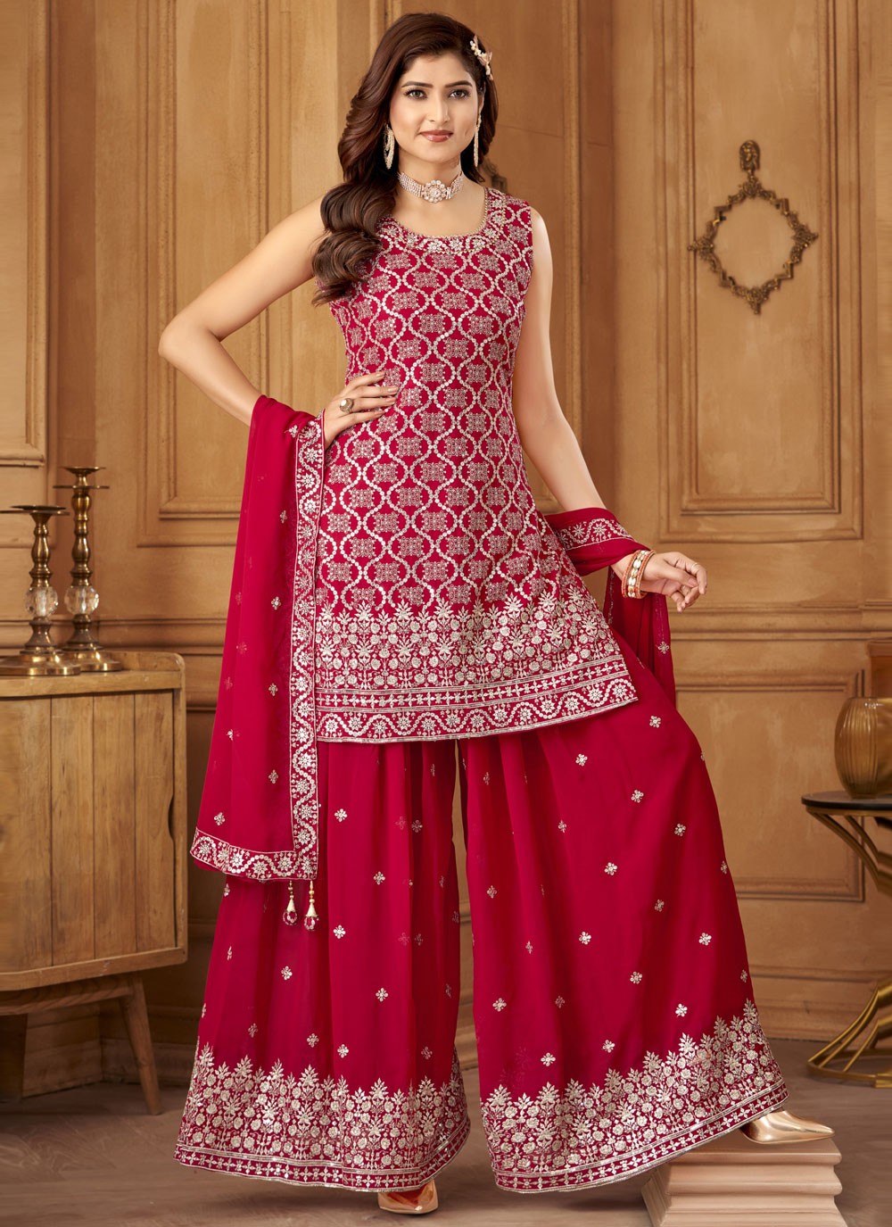 Salwar Suit Embroidered Hot Pink Georgette T5594