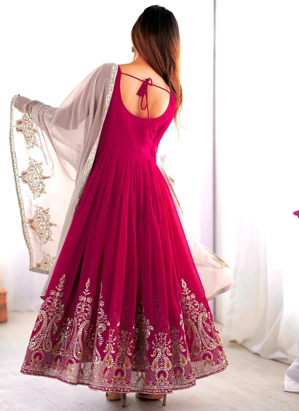 Anarkali Embroidered, Multi Work, Sequins, Thread, Zari Hot Pink T7577