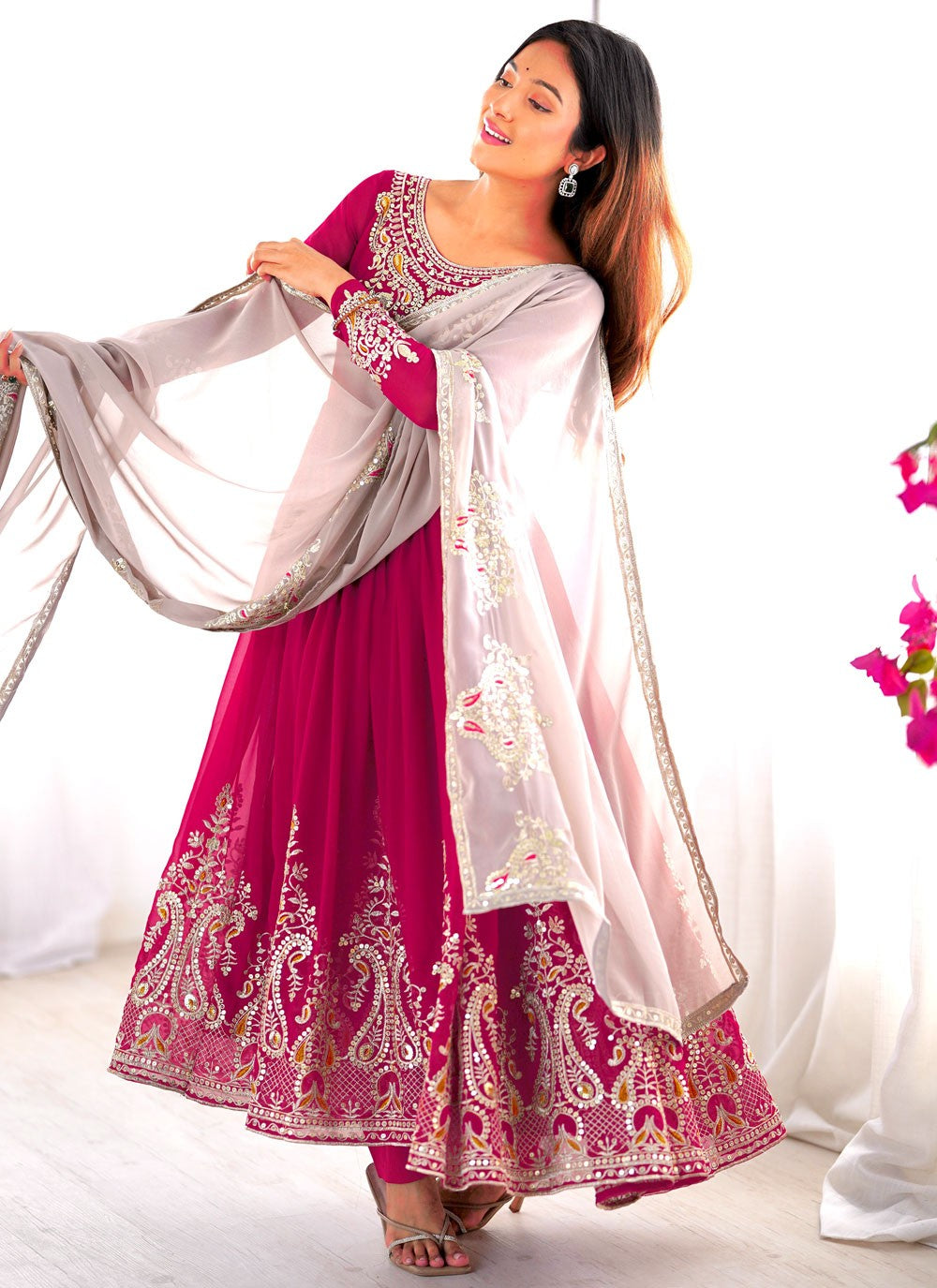 Anarkali Embroidered, Multi Work, Sequins, Thread, Zari Hot Pink T7577