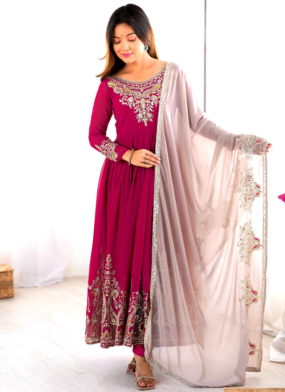 Anarkali Embroidered, Multi Work, Sequins, Thread, Zari Hot Pink T7577