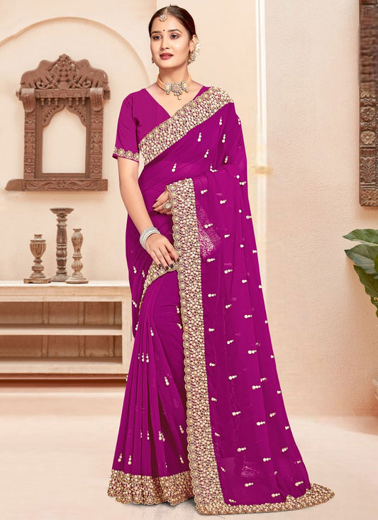 Border Work Georgette Purple Saree S14642