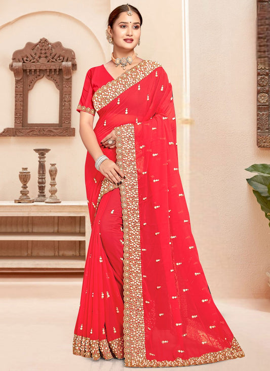 Border Work Georgette Red Saree S14640