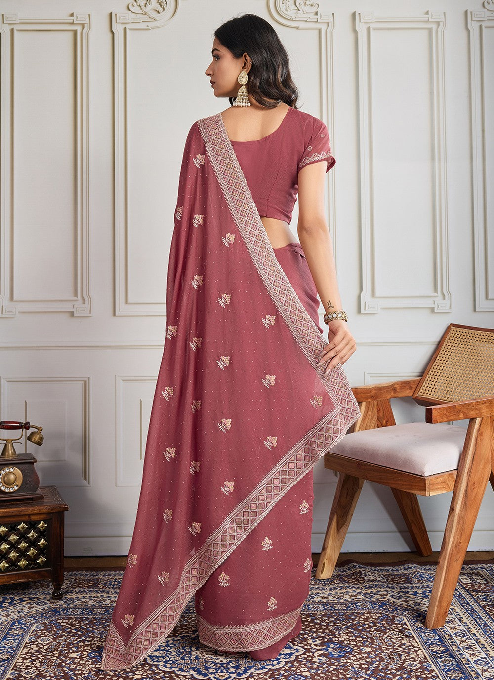 Rust Georgette Classic Saree Embroidered, Swarovski S19441