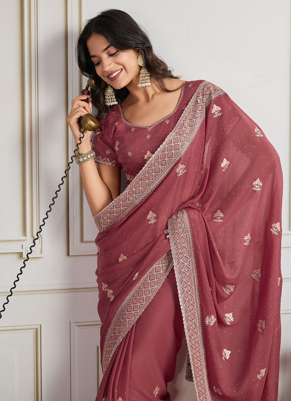 Rust Georgette Classic Saree Embroidered, Swarovski S19441