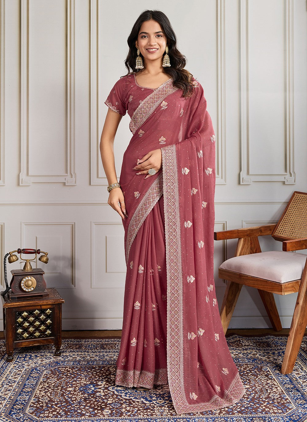 Rust Georgette Classic Saree Embroidered, Swarovski S19441