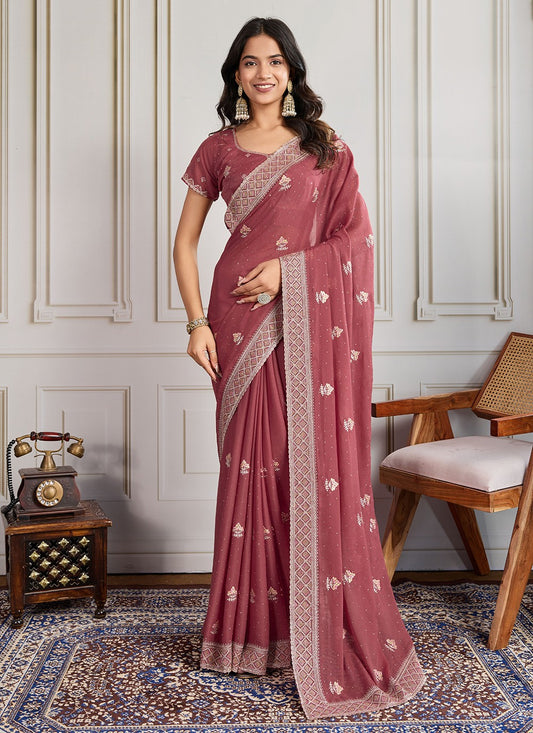 Rust Georgette Classic Saree Embroidered, Swarovski S19441
